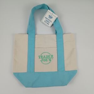 Trader Joe’s Cream & Light Blue Canvas Mini Tote Bag NWT Cute Durable